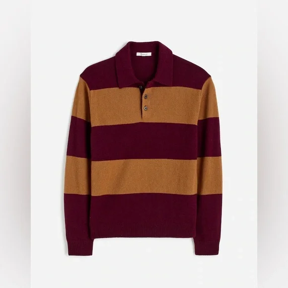NWT Madewell Rugby-Stripe Sweater Polo Wool & Cashmere - Tan & burgundy Medium - Picture 5 of 9